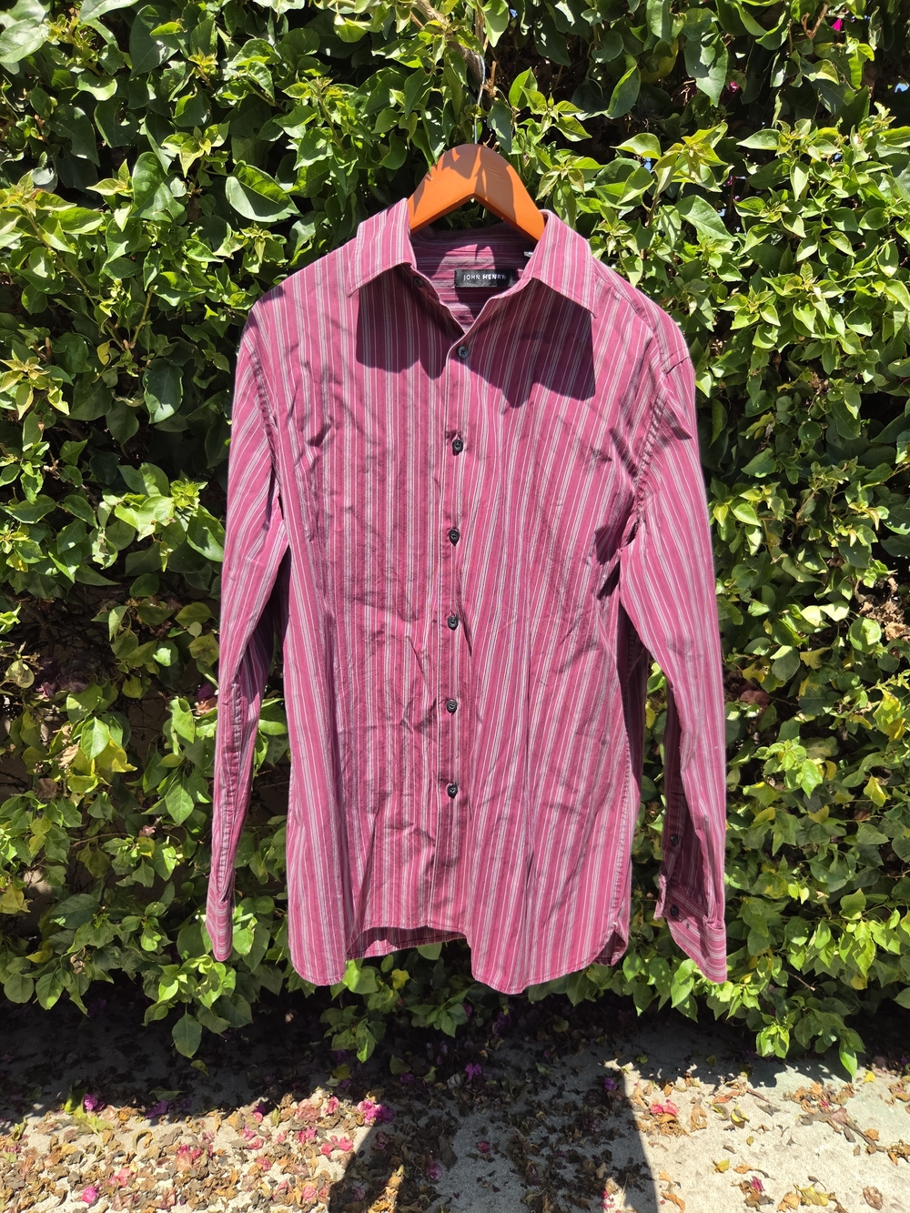 John Henry Men's Dress Shirt Medium Burgundy Gray Stripe Long Sleeve Button Up